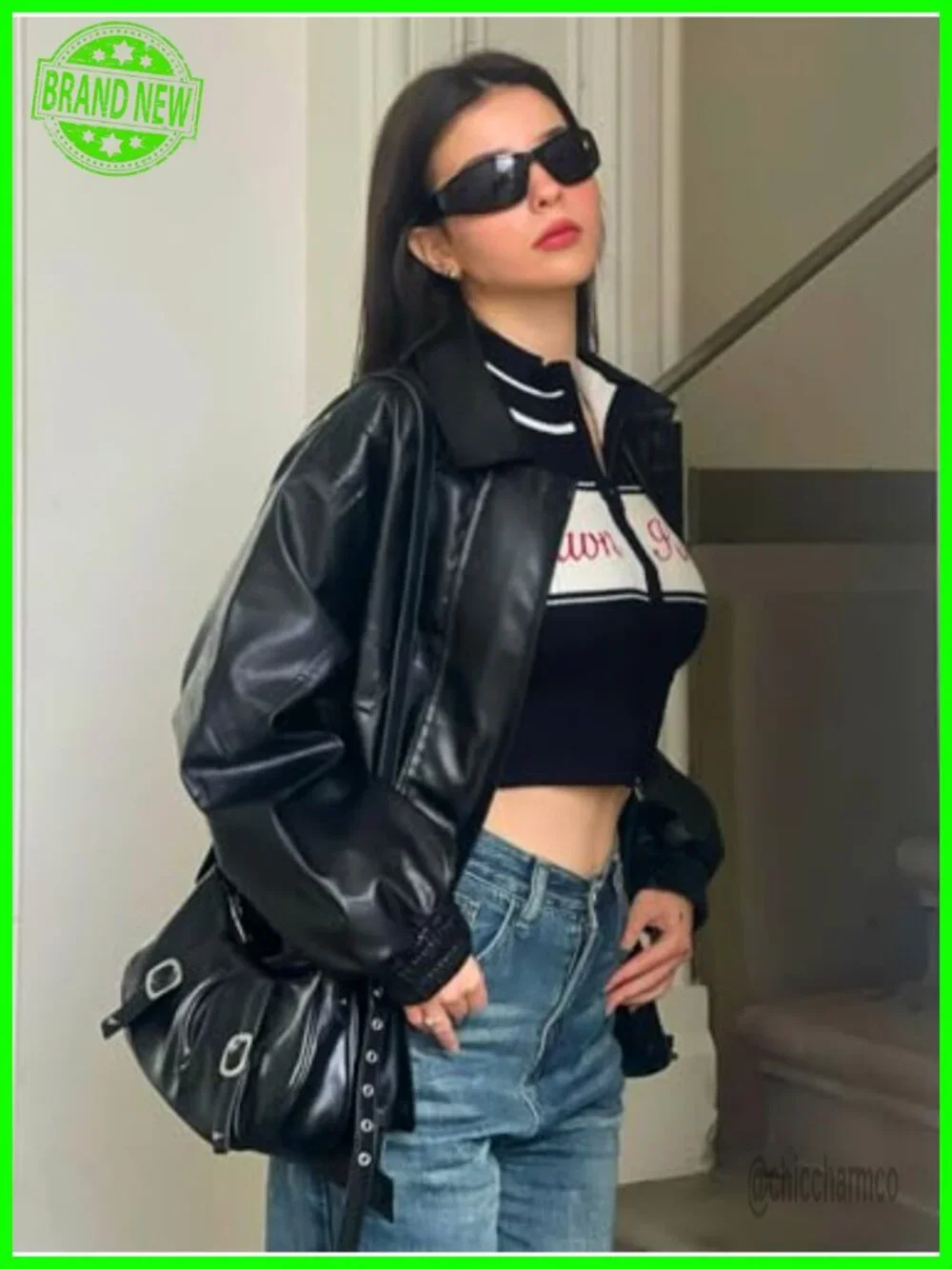 Oversized Faux Leather Bomber Jacket 90s Vintage Moto Racing Streetwear